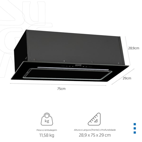 Coifa de Embutir 75 Centimetros Preta Suggar - Imagem principal - 92f29042-1394-4dd8-90fb-818074736390
