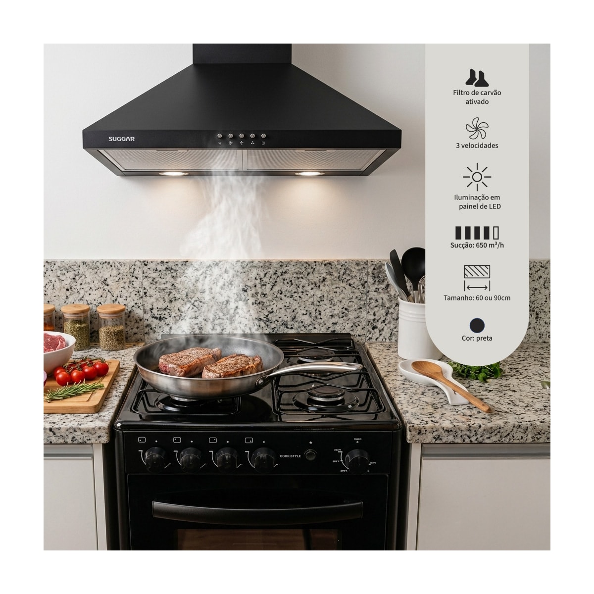 Coifa Parede Piramidal Suggar Ágata Led Preta 60cm - Imagem principal - 64e133a0-a515-4b9b-a723-b4d6a9fd28b5