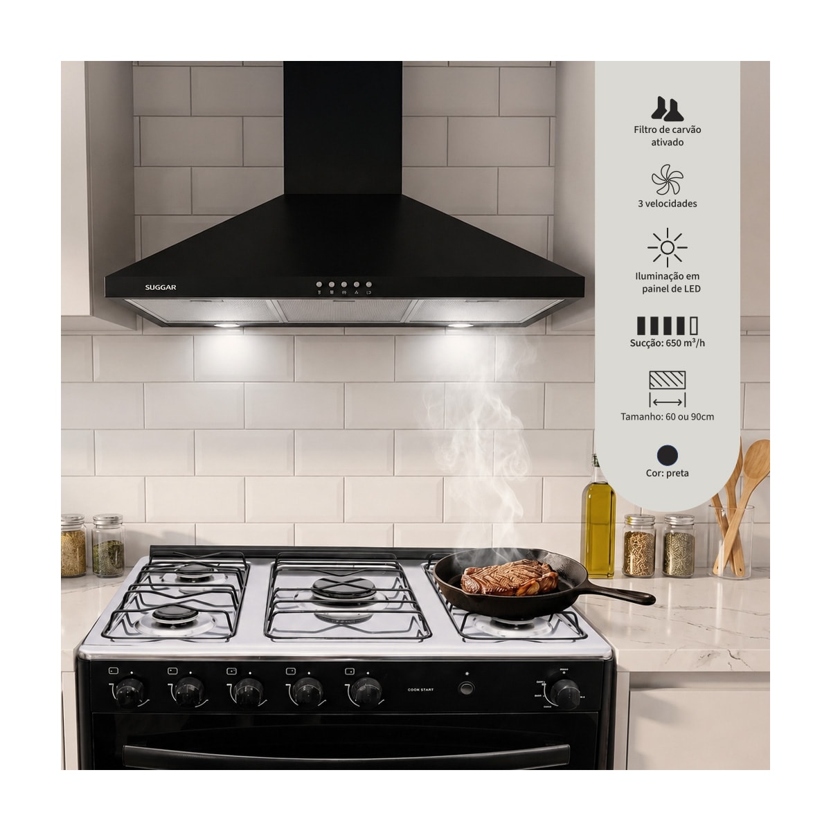 Coifa Parede Piramidal Suggar Ágata Led Preta 90cm - Imagem principal - b23202da-74f7-4f37-bac1-bc7346ad05ba
