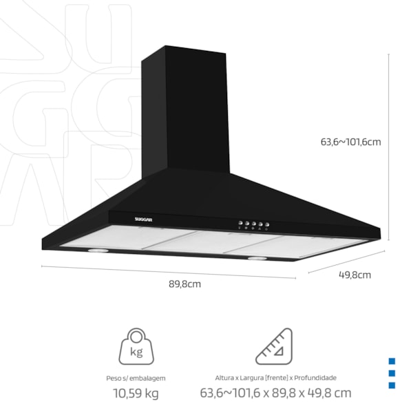 Coifa Parede Piramidal Suggar Ágata Led Preta 90cm - Imagem principal - 5d231ea1-58ac-4cf9-ba4e-e8d3c584a8a1