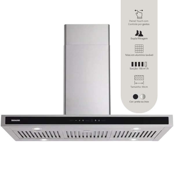Coifa Safira Ilha Suggar Inox 90cm - Imagem principal - b82fb8a4-1d5b-4d7a-8300-0865b5a016ad