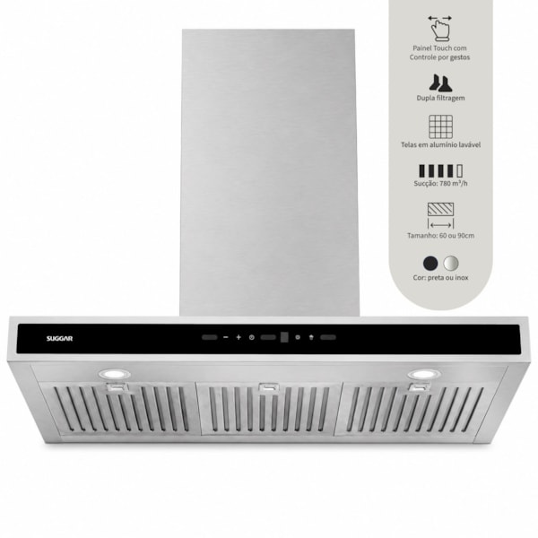 Coifa Safira Parede Suggar Inox 90cm - Imagem principal - 0c15023b-05a0-4413-bb75-6713b684ce97
