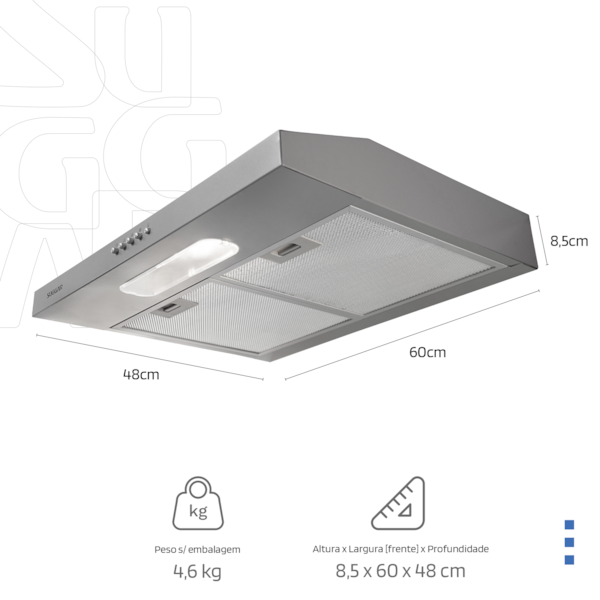 Depurador de ar Slim 60 Cm Prata Suggar - Imagem principal - 4335b3d7-3c3d-4a5d-8ce0-1612c6448fa2