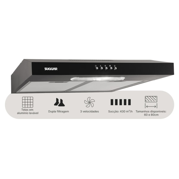 Depurador de ar Slim 60 Cm Preto Suggar - Imagem principal - 32777e19-97fd-4668-b961-f168dd76841e