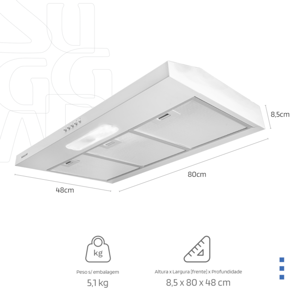 Depurador de ar Slim 80 Cm Branco Suggar - Imagem principal - 506a6b5a-82fc-494c-a987-5f19f3dc4c6b