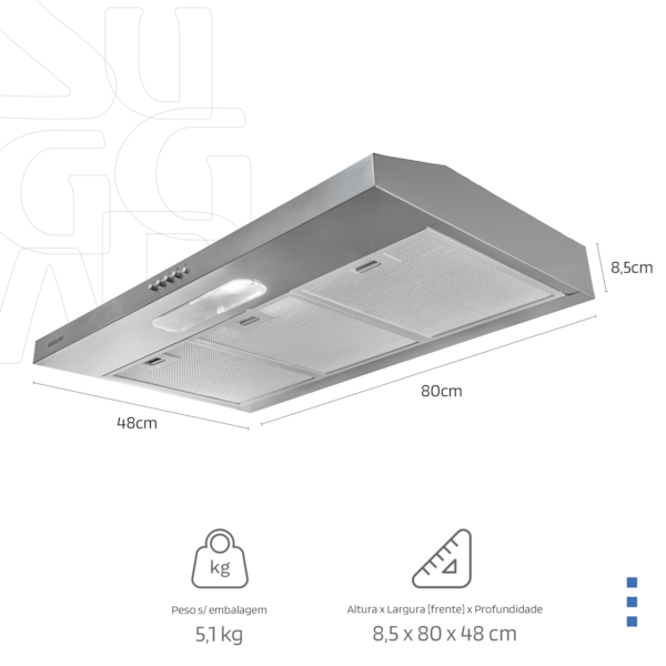 Depurador de ar Slim 80 Cm Inox Suggar - Imagem principal - 14a8d8dc-8052-4b35-bbe5-caaab725edee