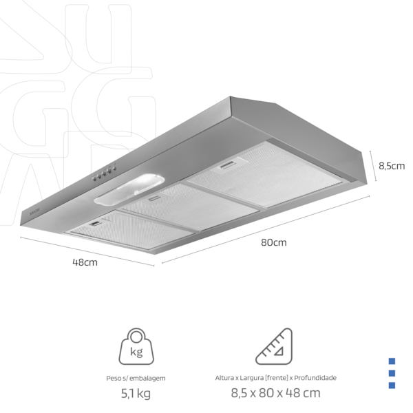 Depurador de ar Slim 80 Cm Prata Suggar - Imagem principal - d6f132c1-01e7-4014-a205-1b87d719f05e