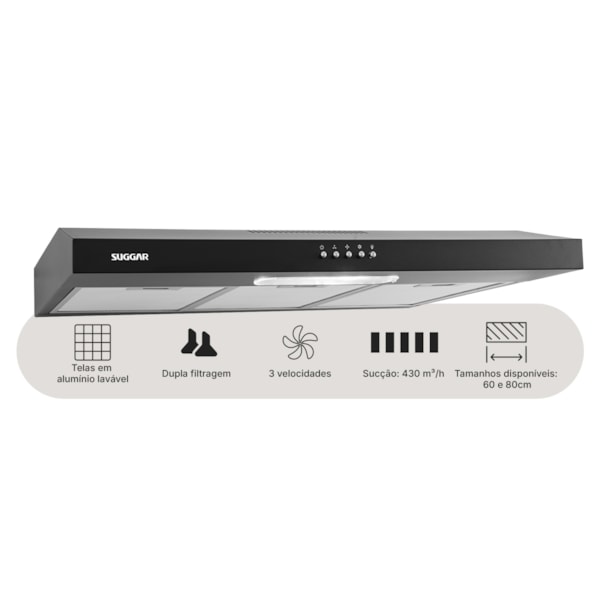 Depurador de ar Slim 80 Cm Preto Suggar - Imagem principal - 05b64127-18d5-4ae3-9bf1-e4ab13e3ed4b