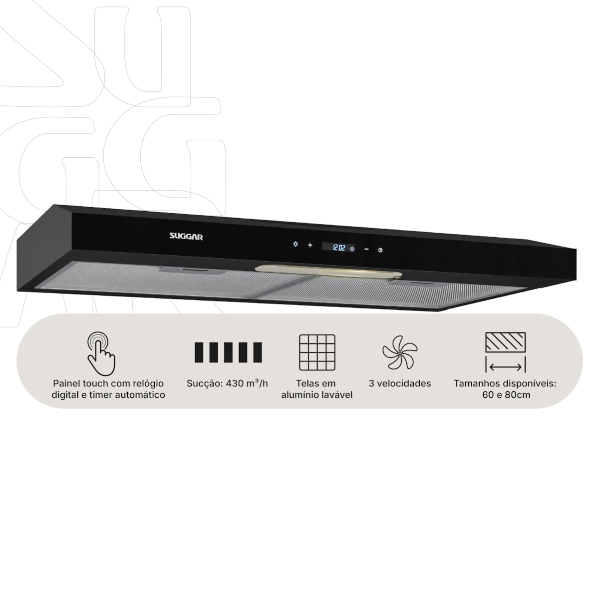 Depurador de ar Slim Touch 60 Cm Preto Suggar - Imagem principal - 842e81f6-415f-47b8-afcf-aaffa396476f