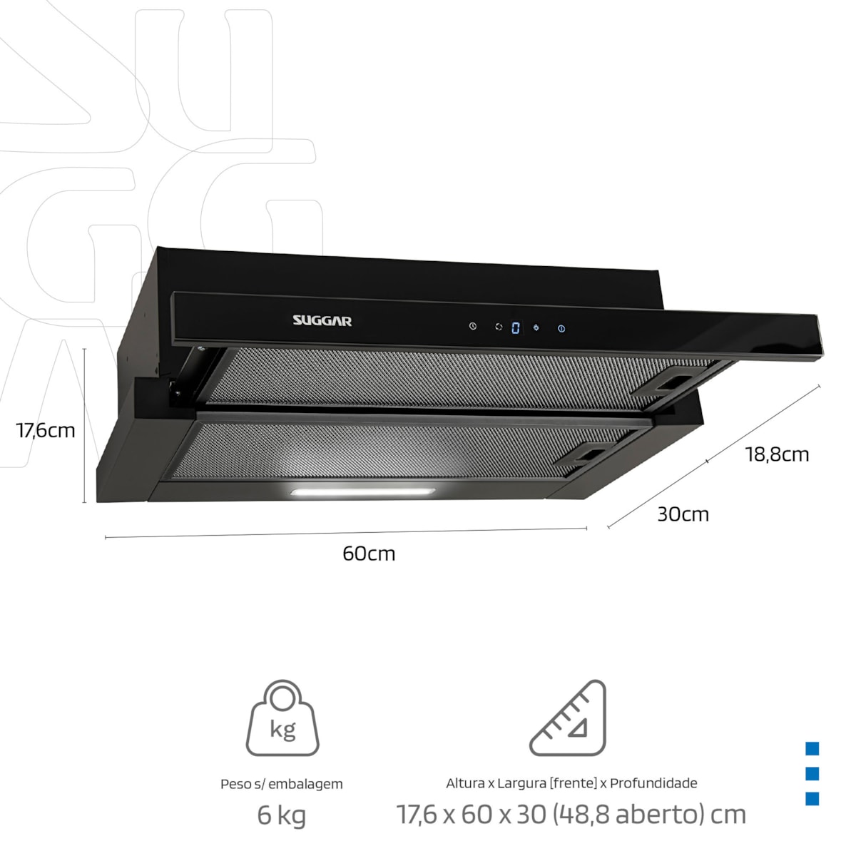 Depurador de Embutir Slim Touch 60 Cm Preto Suggar - Imagem principal - 4d0f6374-200c-44ab-977b-8e56d3c2e132