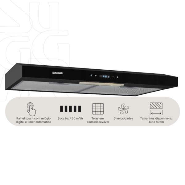Depurador e Exaustor de ar Slim Touch 60 Cm Preto Suggar - Imagem principal - 4081d969-24df-4758-804a-84593b188f4e