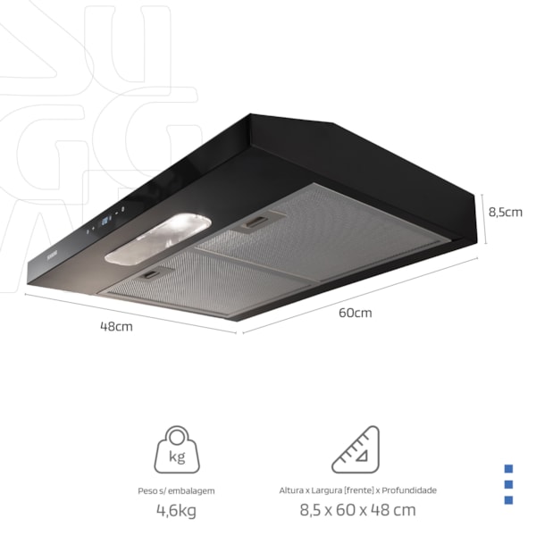 Depurador e Exaustor de ar Slim Touch 60 Cm Preto Suggar - Imagem principal - 53d21014-2792-45ef-9ba1-fe99e4225ef8