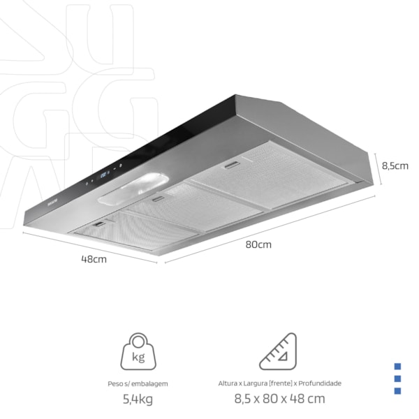 Depurador e Exaustor de ar Slim Touch 80 Cm Inox Suggar - Imagem principal - e9a761de-4ae9-4214-af32-3b7e175a7ca4
