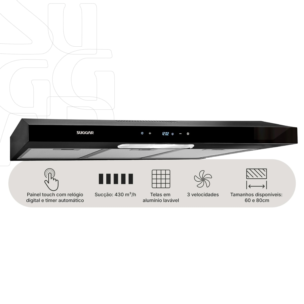 Depurador e Exaustor de ar Slim Touch 80 Cm Preto Suggar - Imagem principal - f6778a0f-7fdb-4dde-9d62-e6b444345c6d