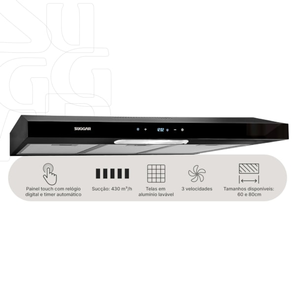 Depurador e Exaustor de ar Slim Touch 80 Cm Preto Suggar - Imagem principal - 1ecd63aa-8bcb-4827-b591-2ed42438214e