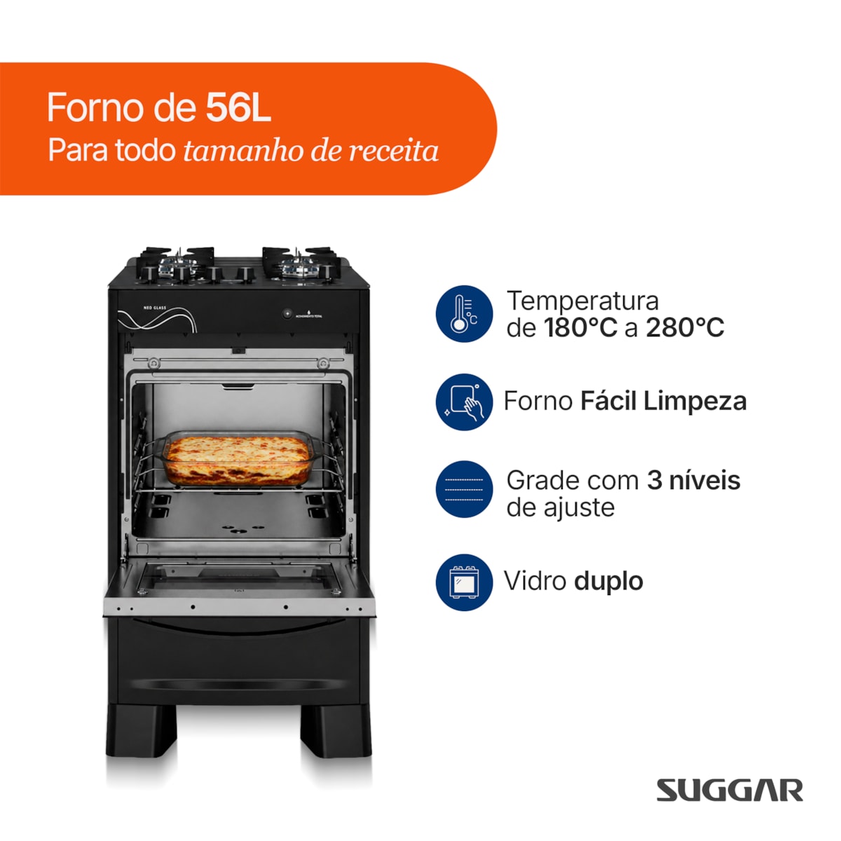 Fogão Neo Glass 4 Queimadores Preto Bivolt FGVNG410PT Suggar - Imagem principal - 27f05e6f-7f32-4fea-89f4-959438935216