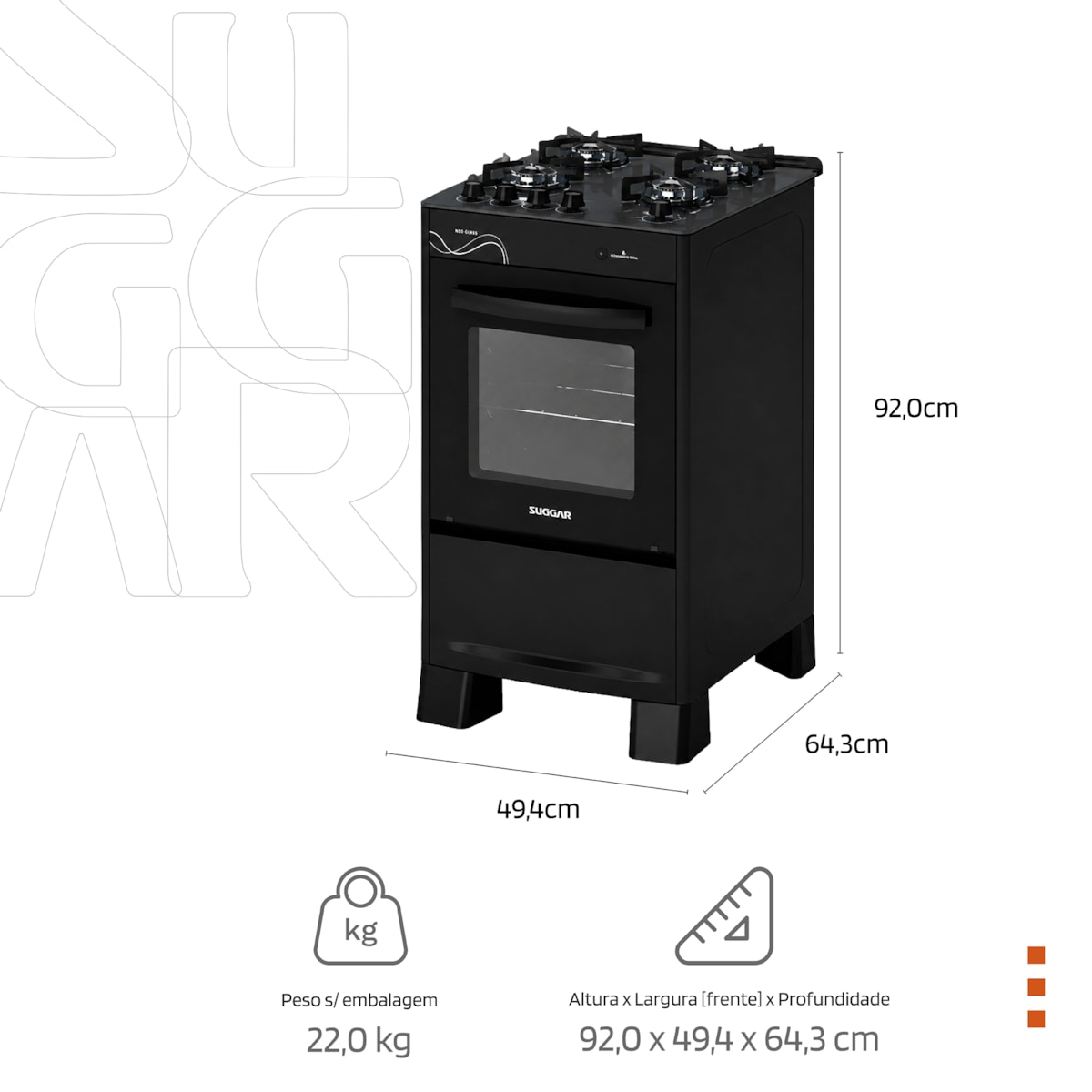 Fogão Neo Glass 4 Queimadores Preto Bivolt FGVNG410PT Suggar - Imagem principal - 06336597-909e-41bb-adcd-38b5f07aa5ec