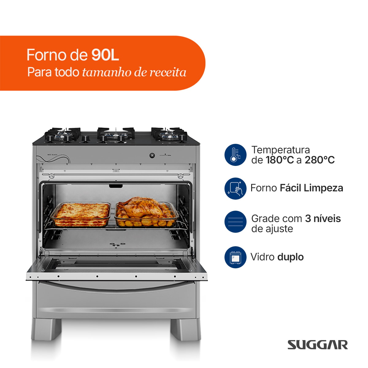 Fogão Neo Glass 5 Queimadores PRIX Bivolt FGVNG510PRIX Suggar - Imagem principal - 98c48cdc-cf63-4b62-898c-05c902561c52