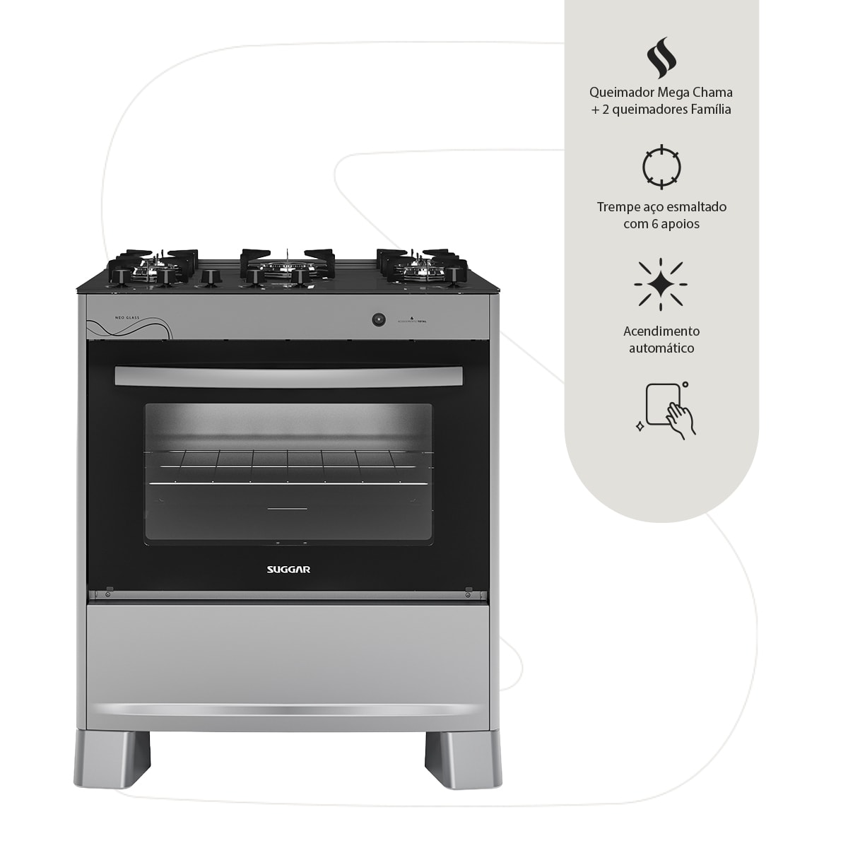 Fogão Neo Glass 5 Queimadores PRIX Bivolt FGVNG510PRIX Suggar - Imagem principal - 32fbfdaa-bb2b-4d34-8aa3-891f2f98562c