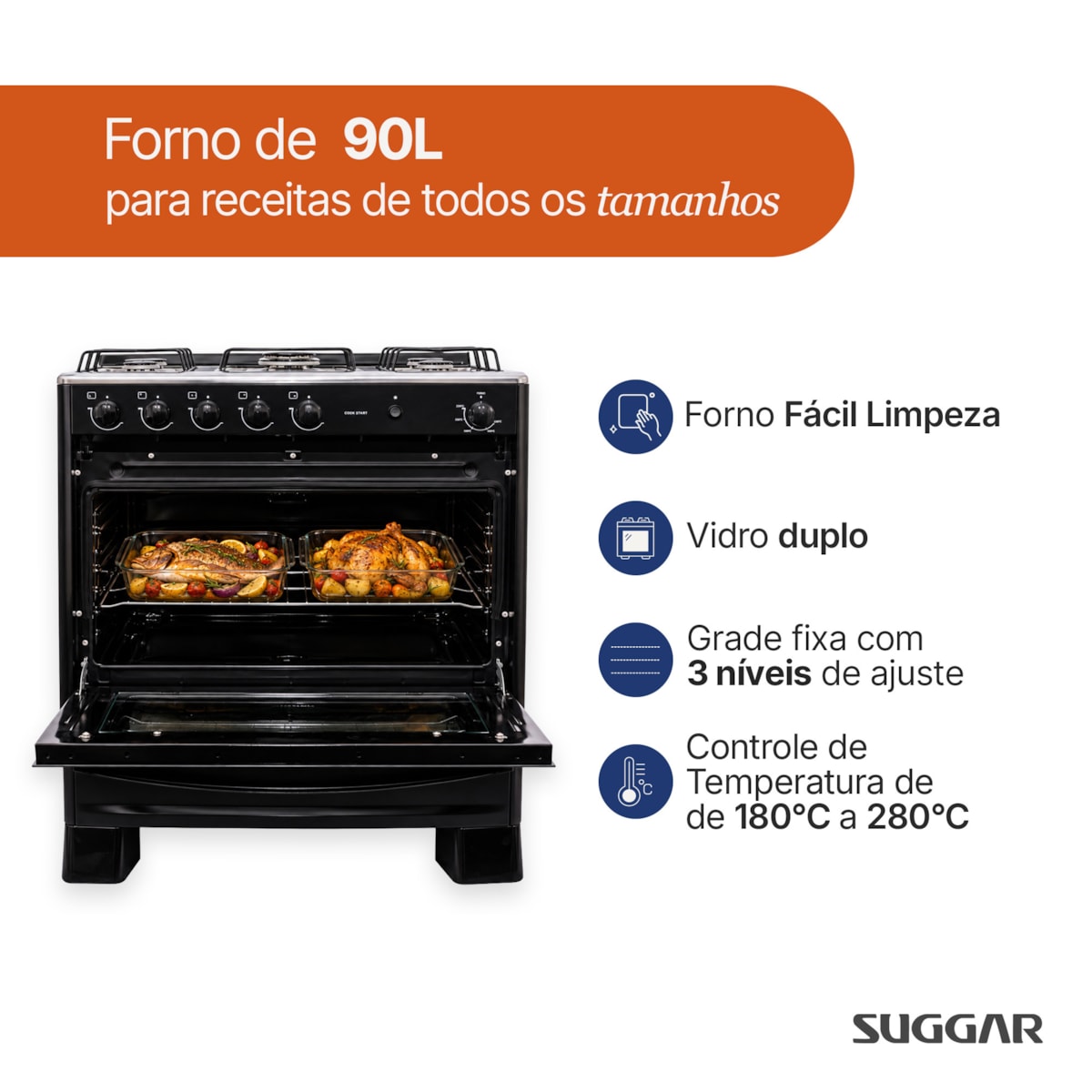 Fogão Suggar Cook Start 5 Bocas, Mesa Inox, Aço Esmaltado e Automático - Imagem principal - afd3d5d6-fe21-4613-ab09-2337b50d00d7