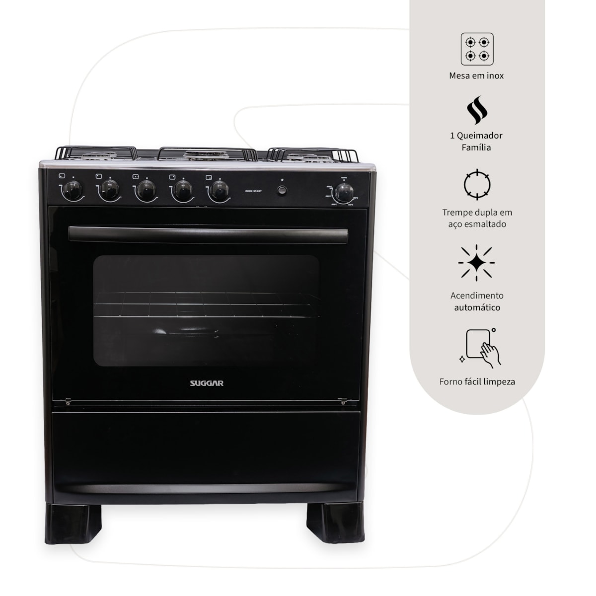 Fogão Suggar Cook Start 5 Bocas, Mesa Inox, Aço Esmaltado e Automático - Imagem principal - d4e58967-0a96-4e79-91bf-78ec40222f35