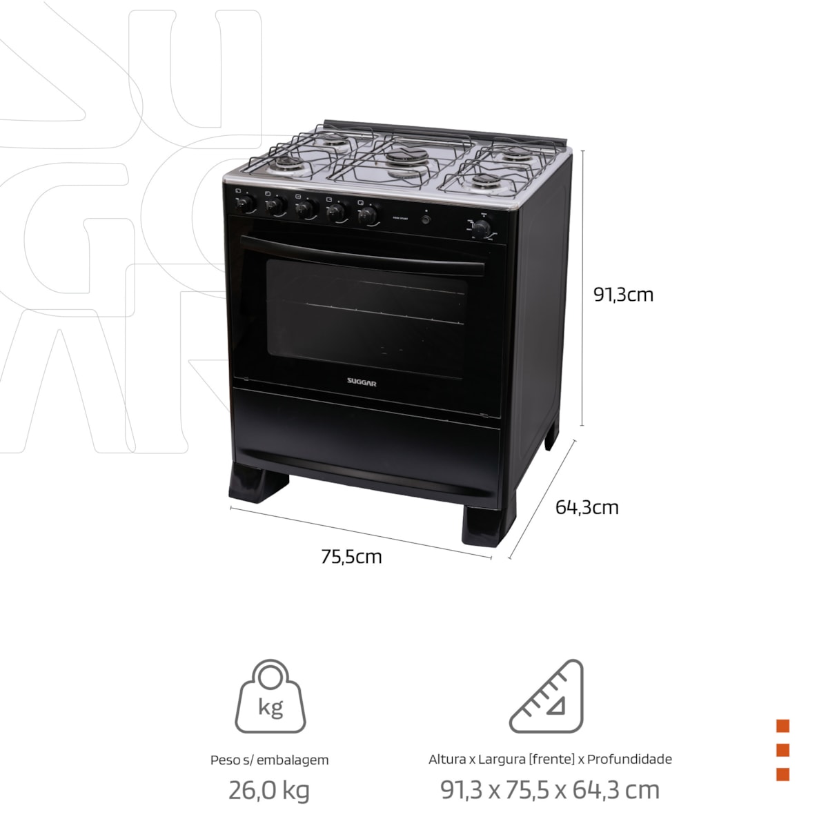 Fogão Suggar Cook Start 5 Bocas, Mesa Inox, Aço Esmaltado e Automático - Imagem principal - ed8343ff-a233-43b1-9ce9-5dd98d3fb2d7