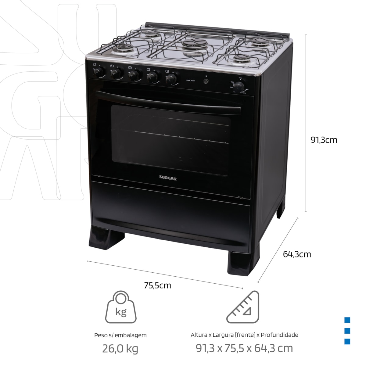 Fogão Suggar Cook Start 5 Bocas, Mesa Inox, Aço Esmaltado e Automáticod - Imagem principal - 60240d8a-ba11-492b-bc2e-43cc661806eb
