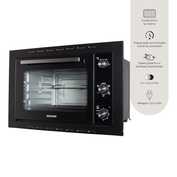 Forno Elétrico Suggar Embutir 50L Grill e Espeto Giratório Preto - Imagem principal - f53cc937-1962-450e-a908-627fb0075711