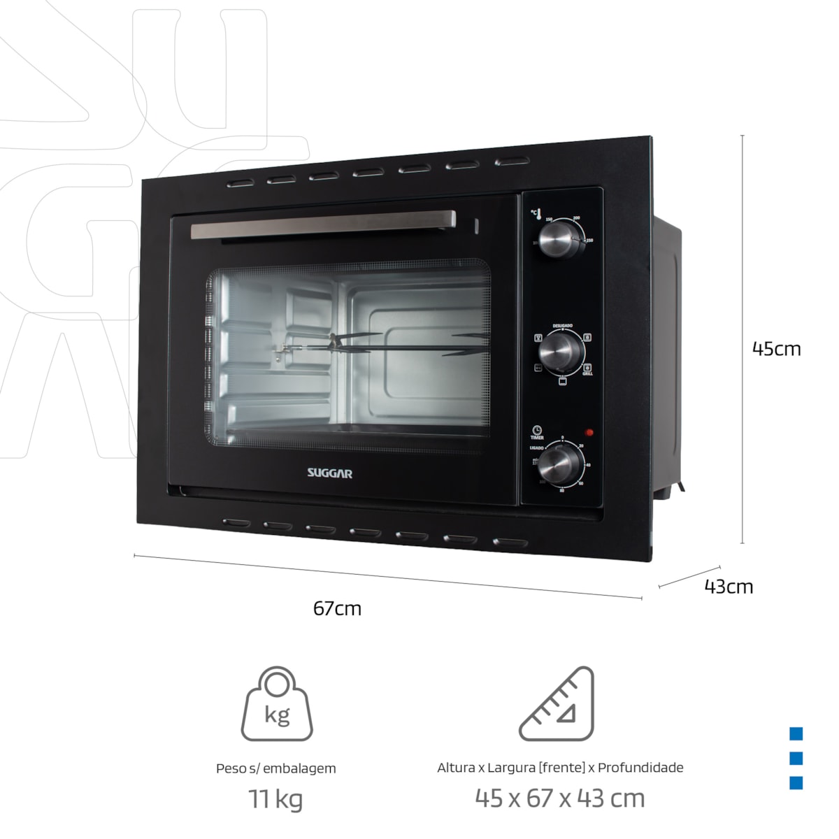 Forno Elétrico Suggar Embutir 50L Grill e Espeto Giratório Preto - Imagem principal - e8e7b40e-2082-4600-bcad-03104376f6c3