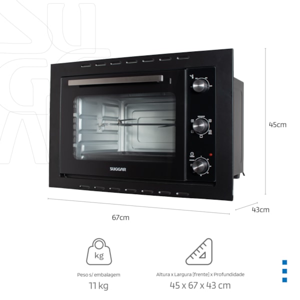 Forno Elétrico Suggar Embutir 50L Grill e Espeto Giratório Preto - Imagem principal - 6473729f-f240-4dd5-8619-90525071d6ae