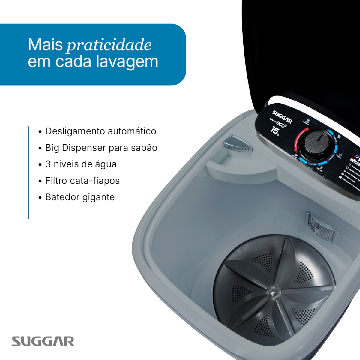Tanquinho Lavamax Eco 15kg Prata Suggar - Imagem principal - 4969ba14-aa7a-4c1e-9254-f0f31f9ba851