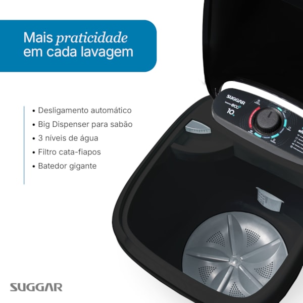 Tanquinho Suggar Lavamax Eco 10kg Preto  - Imagem principal - ae2d1561-57a3-40b1-9e64-ea08c0aa1e9f